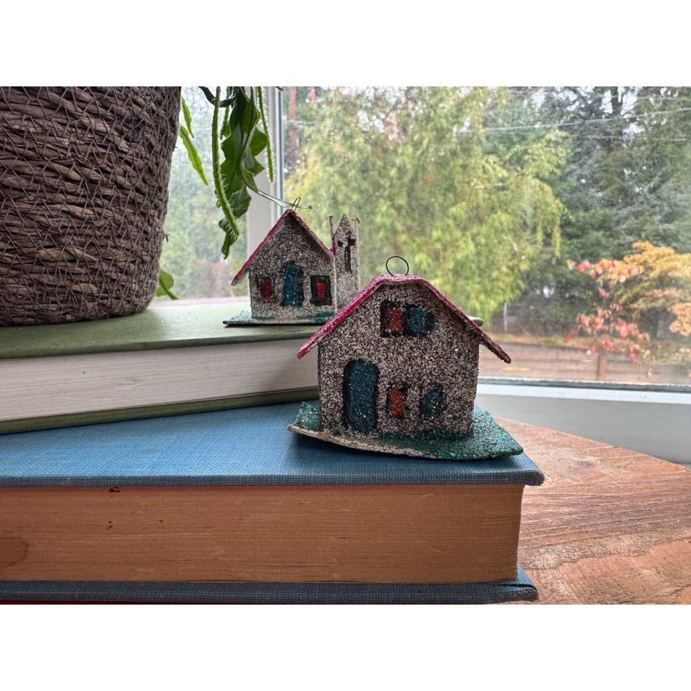 Vintage Putz Houses Japan Christmas Village Ornaments Glitter Cardboard Pair